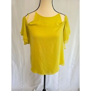 Naked Zebra Yellow Cold Shoulder Flutter Sleeve Tie Neck Blouse Top Women Size S
